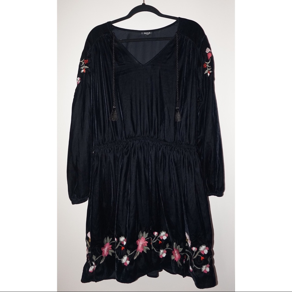 a.n.a. Black Embroidered Flower Velvet Dress